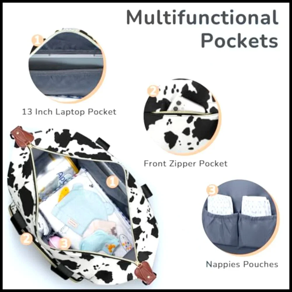 Medium Diaper Tote Bag with 10 Pockets, Insulated Bottle Holders, Luggage Sleeve